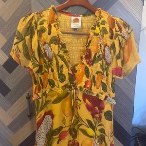 FARM Rio Fruit Lovers Smocked Ruffle Midi Dress